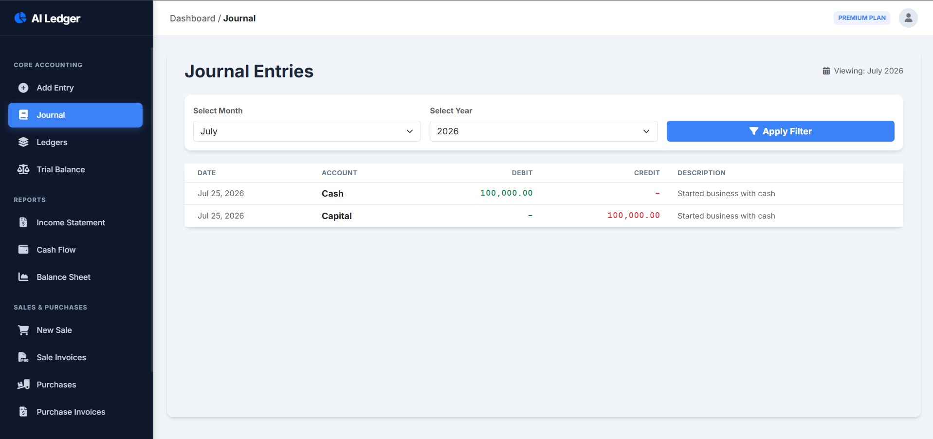 Detailed journal entries dashboard showing transaction categorization and automated bookkeeping