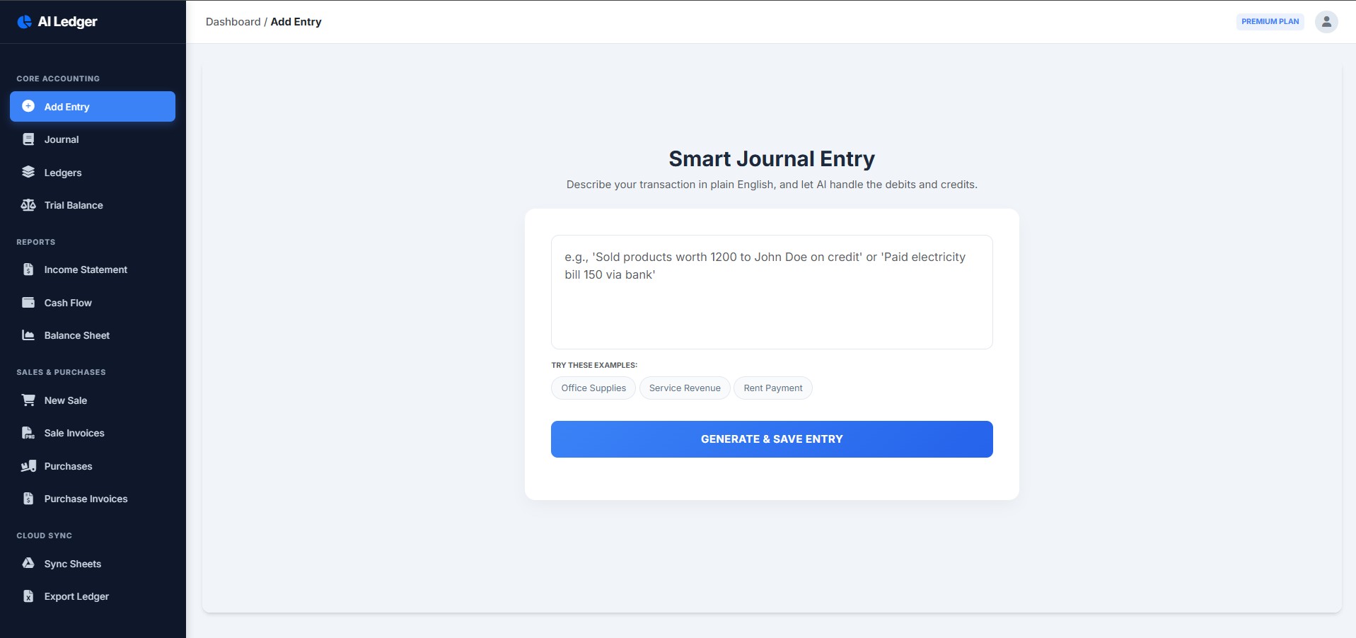 AI accounting software main dashboard showing real-time cash flow, expense tracking, and financial analytics